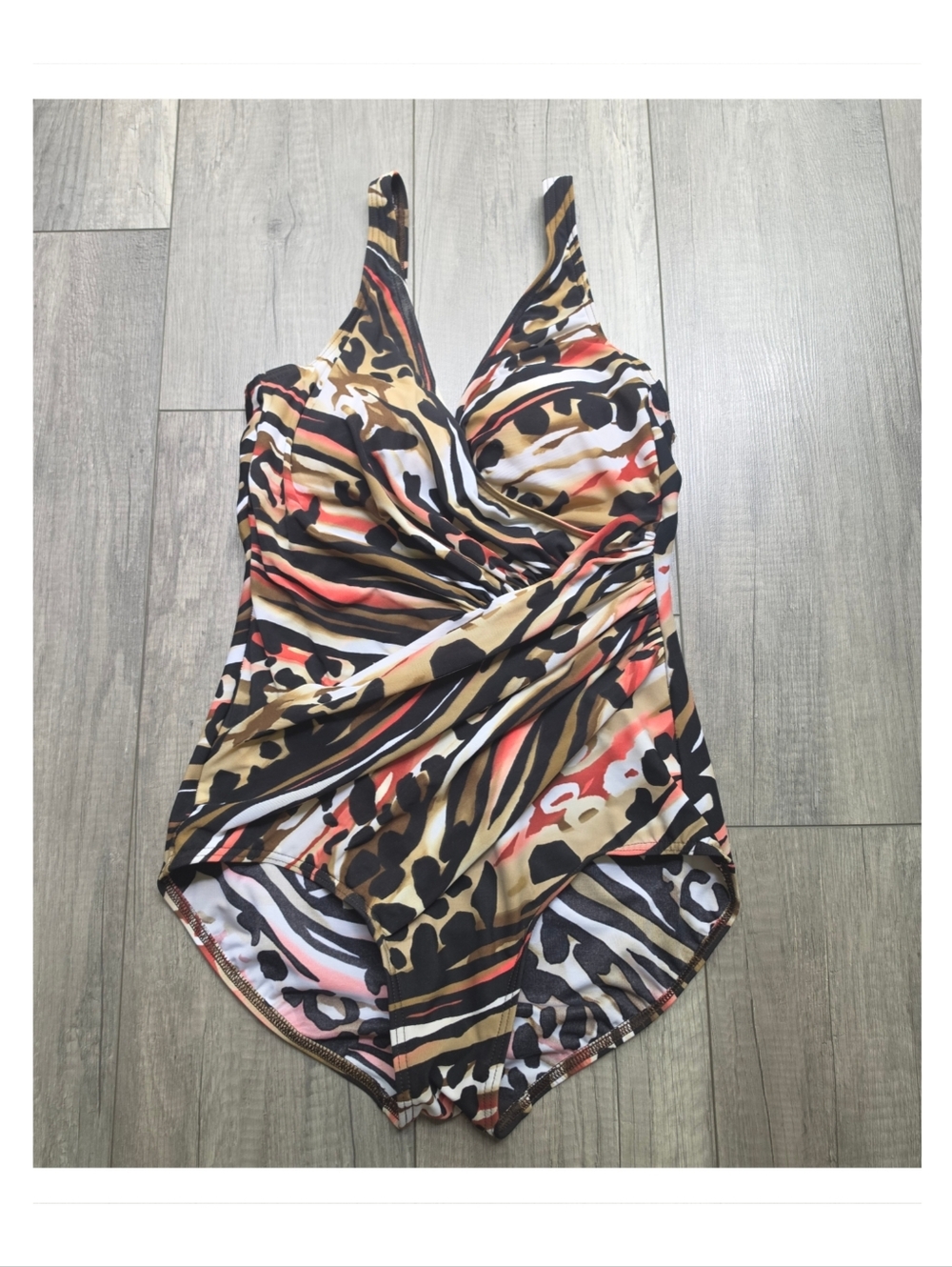 Miraclesuit Animal Print One‑Piece Swimsuit Ruched Wrap Front Size 12